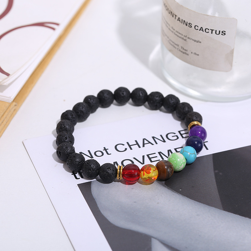 83b0e64b-1642-4989-a100-eaa412fd45e1.jpg Handmade Black Lava Seven Chakra Healing Balance Beaded Bracelet - Image 1