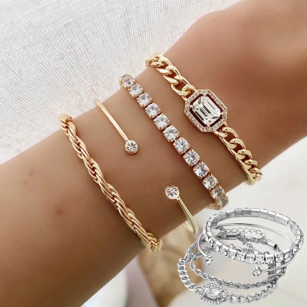 90316e5b-599e-4400-b79d-41e313dcab78.jpg Fashion Jewelry 4 Pcs Crystal Bracelet Set Bohemian Design For Women Vintage Luxury Twisted Cuff Chains Armband Jewelry Accessories - Image 1