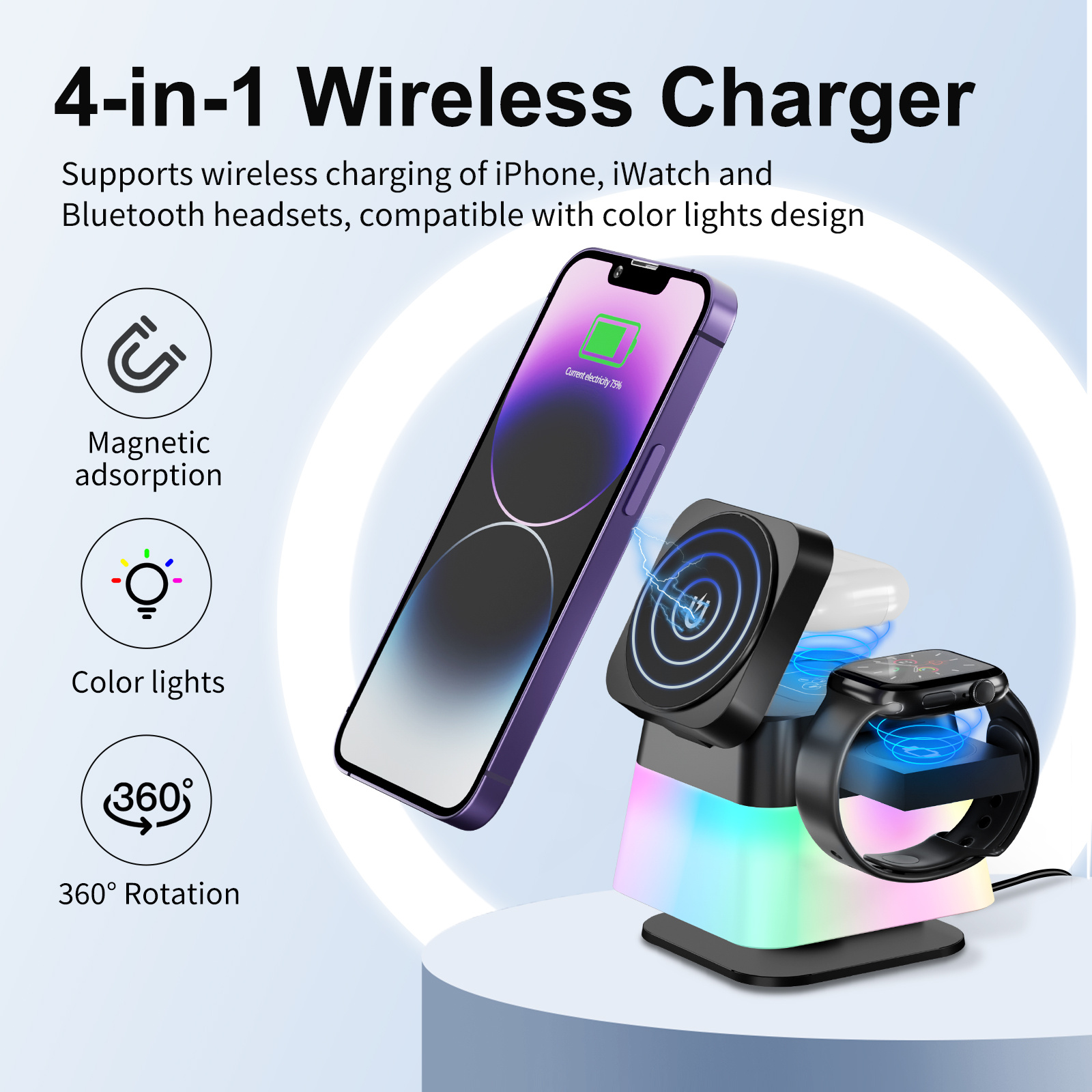 adfa8996-7138-43a0-9465-908f75c1cf85.jpg 4 In 1 Rotatable Colorful Lighting Wireless Charger Stand For Phone 15 14 13 12 Pro Max 8 7 Holder Magnetic Fast Charging Station - Image 1