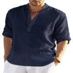 Men's Casual Cotton Linen Solid Color Long Sleeve Shirt Loose Stand Collar - Image 2