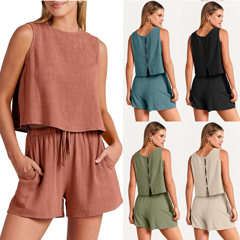 b0785791-54a9-4525-a54f-65d5c03bf7de.jpg Women's Set Summer Sleeveless Tops And Drawstring Shorts Fashion Suit 2pcs - Image 1