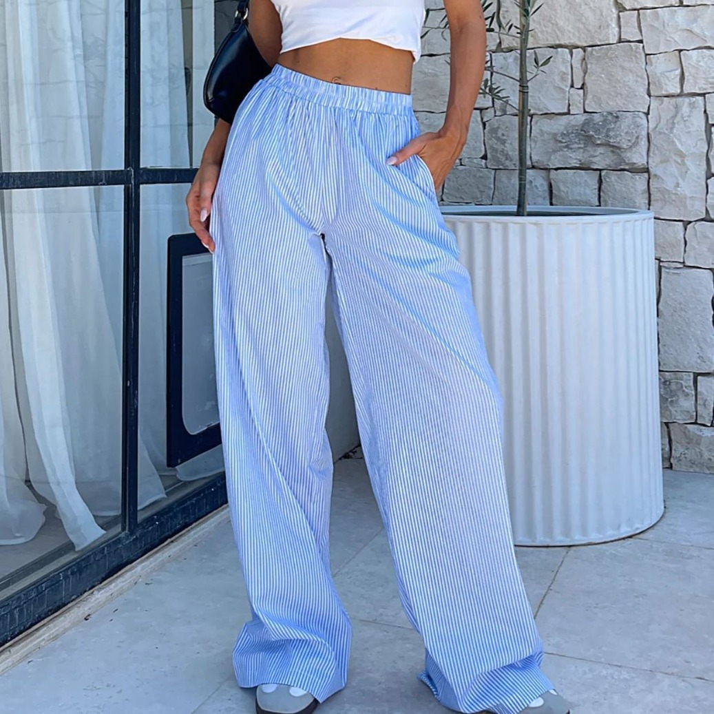 b0b6c58f-a321-4d99-a3f9-88cbac2bed68.jpg Fashion Y2K Striped Straight Trousers Summer Elastic High Waist Wide Leg Pants For Women - Image 1