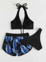 3pcs Leaf Print Bikini With Shorts Fashion Summer Beach Swimsuit Womens Clothing - Image 3