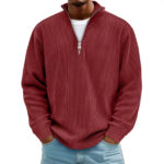 Corduroy Zipper Stand Collar Sweatshirt Fashion Warm Solid Color Long Sleeve Top Men's Casual Polo Shirt Clothing - Image 6