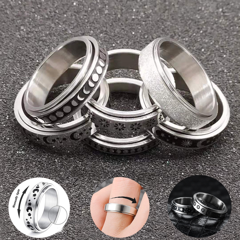 cfb31d9c-1495-442d-b3a8-f688631f6949.jpg Stainless Steel Rotatable Spinner Ring Moon Stars Relieve Anxiety Rings - Image 1