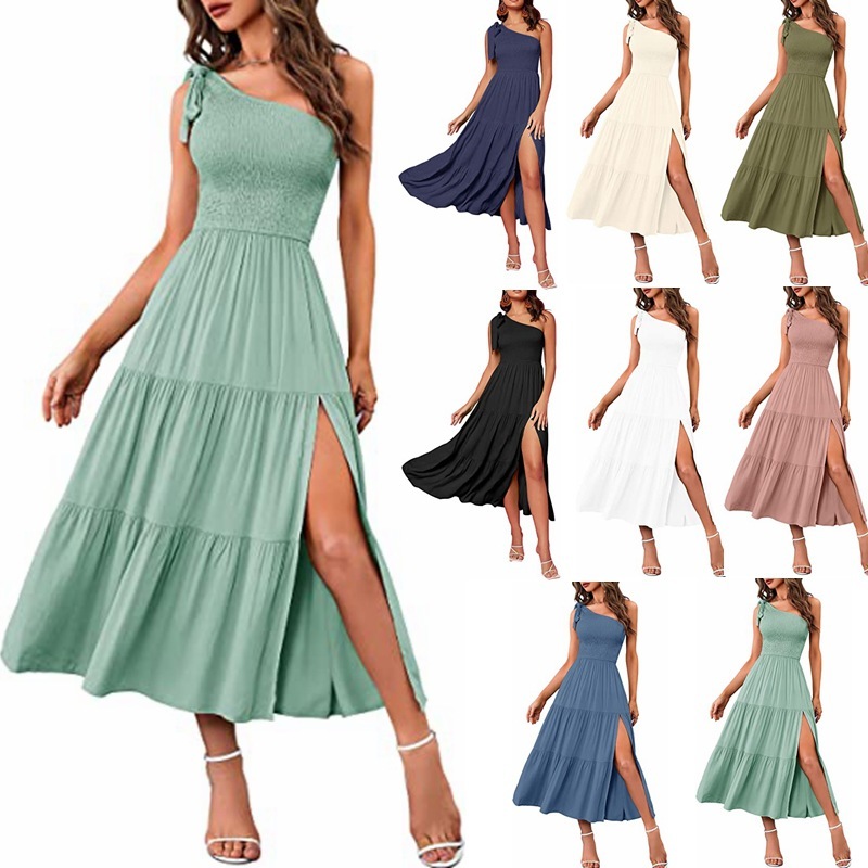 d027d47e-d37c-4386-95a8-8016babc6086-1.jpg New Summer Fashion Women's One-shoulder Pleated Layered Hem Split Dress - Image 1