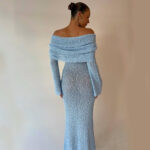New One-shoulder Knitted Long-sleeved Dress Sexy Beach Holiday Long Dresses Womens Clothing - Image 5