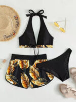 3pcs Leaf Print Bikini With Shorts Fashion Summer Beach Swimsuit Womens Clothing - Image 5