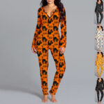 Halloween Printed Jumpsuit Long Sleeve Home Pajamas Casual Trousers Women's Cos Clothing - Image 4