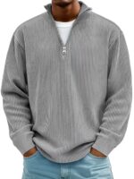 Corduroy Zipper Stand Collar Sweatshirt Fashion Warm Solid Color Long Sleeve Top Men's Casual Polo Shirt Clothing - Image 4