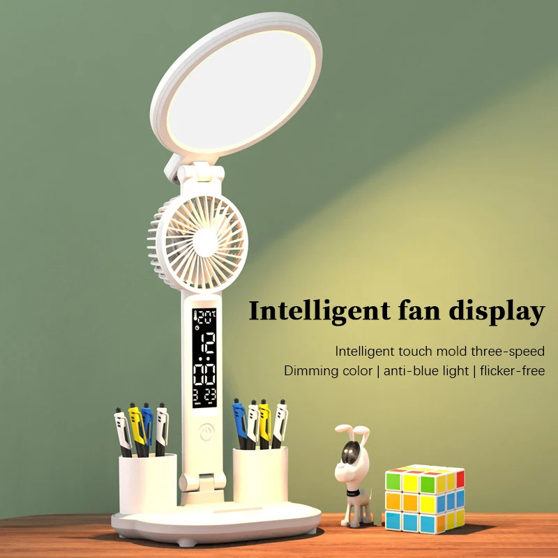 f26a0fad-cebd-483c-9935-8226372909ab.jpg LED Clock Table Lamp USB Chargeable Dimmable Desk Lamp Plug-in LED Fan Light Foldable Eye Protection Reading Night Light - Image 1