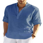 Men's Casual Cotton Linen Solid Color Long Sleeve Shirt Loose Stand Collar - Image 5