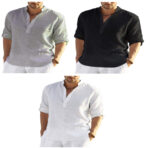 Men's Casual Cotton Linen Solid Color Long Sleeve Shirt Loose Stand Collar - Image 4